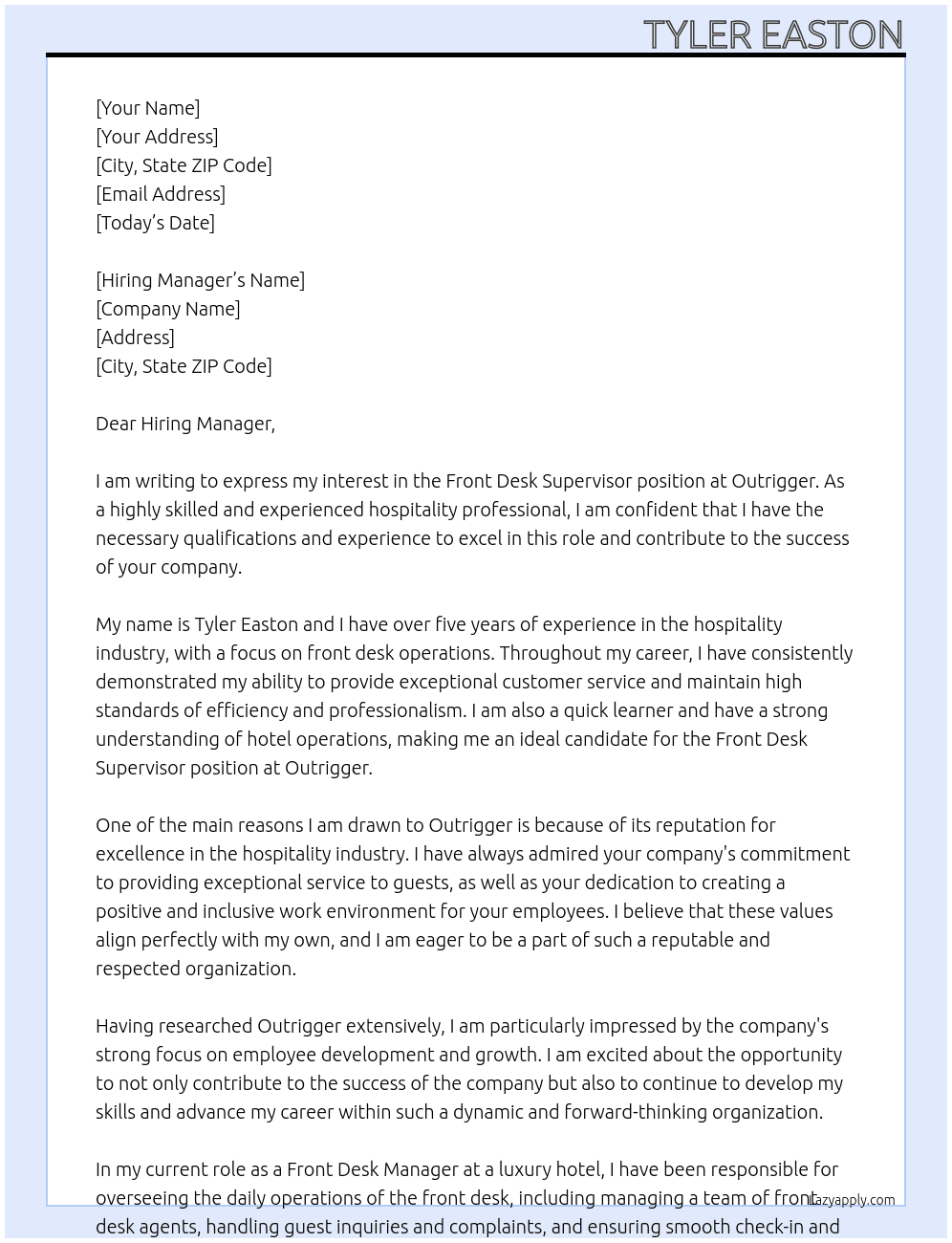 Front Desk Supervisor At Outrigger Cover Letter