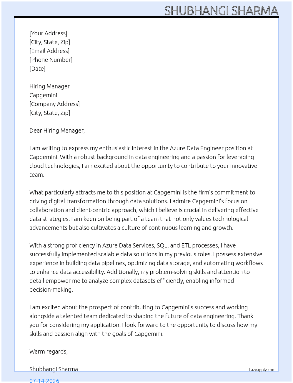 Cover letter for azure data engineer - LazyApply
