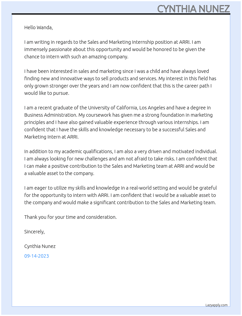 Sales and Marketing Internship At ARRI Cover Letter