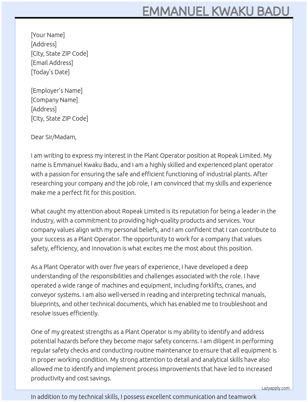 Plant operator  At Ropeak Limited  Cover Letter