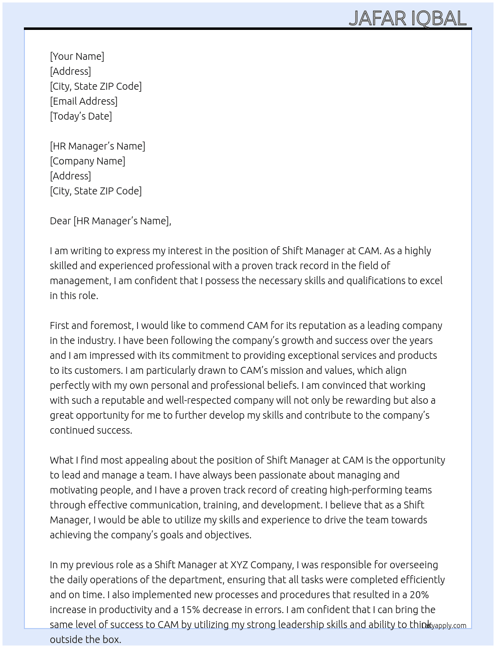 Shift manager  At CAM Cover Letter