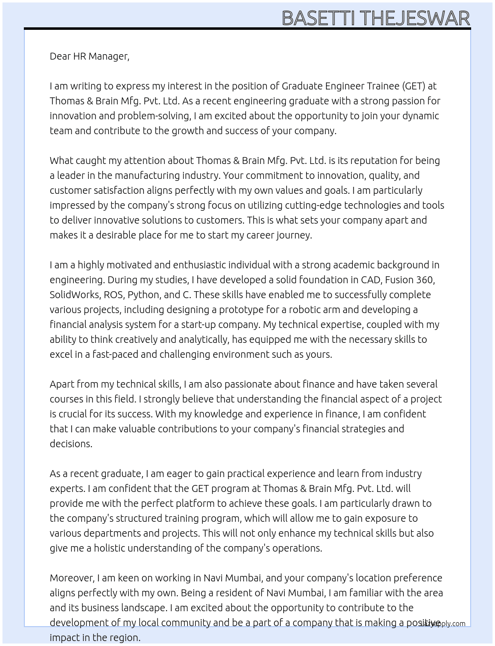 GET (Graduate Engineer Trainee) At Thomas & Brain Mfg. Pvt. Ltd. Cover Letter