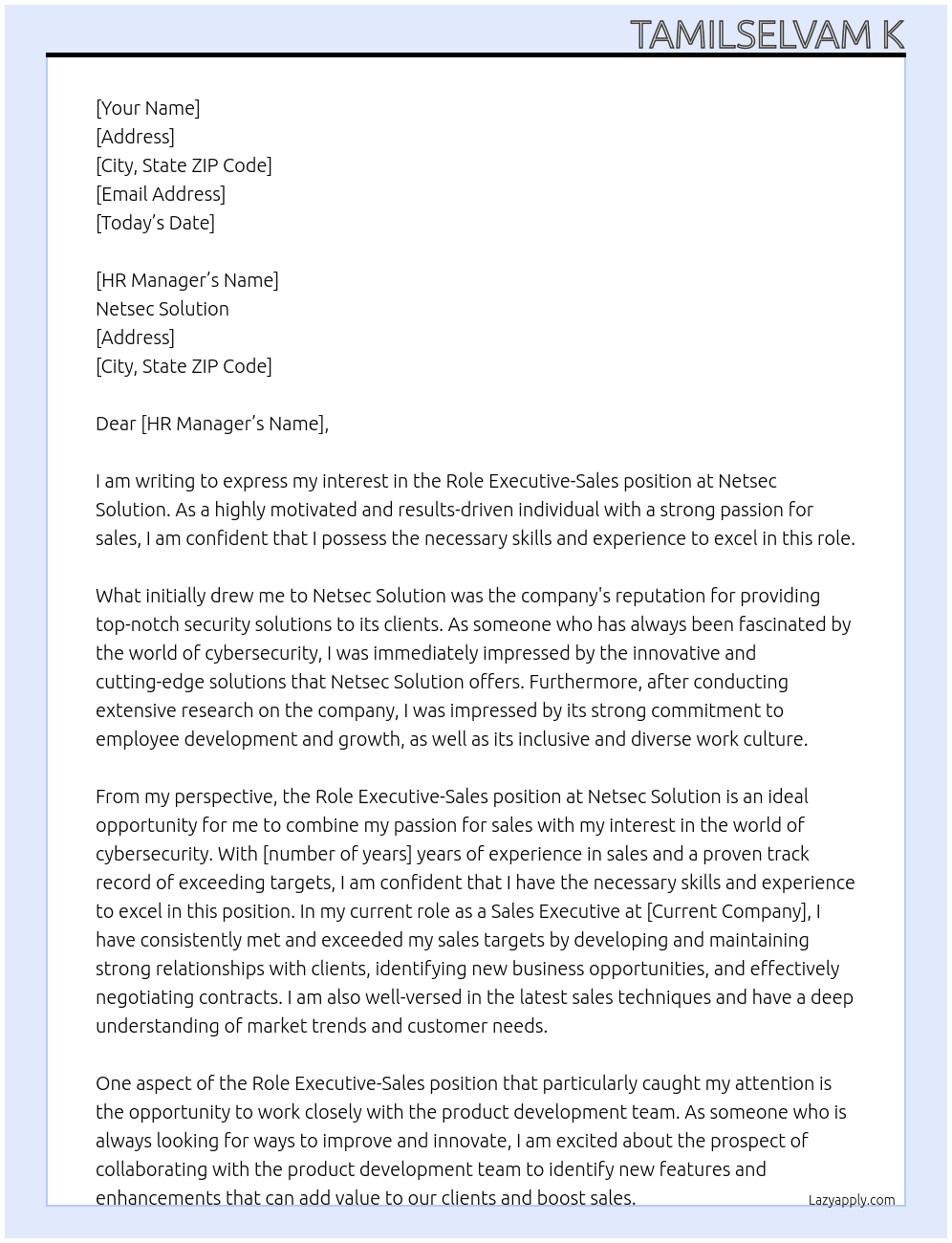 Role executive -sales  At Netsec solution  Cover Letter