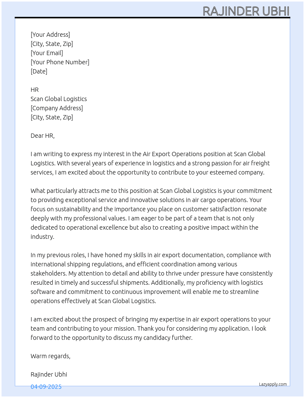 Air export operations  At Scan Global Logistics  Cover Letter