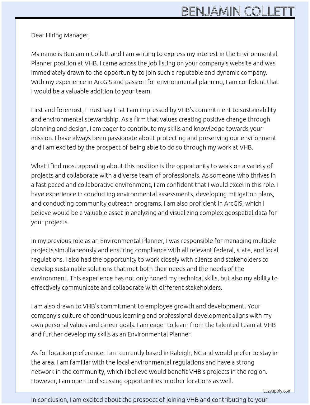 Environmental Planner At VHB Cover Letter