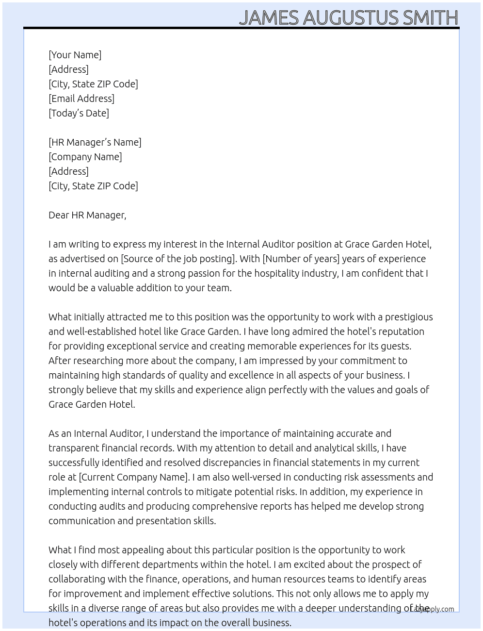 Internal Auditor At Grace Garden Hotel Cover Letter