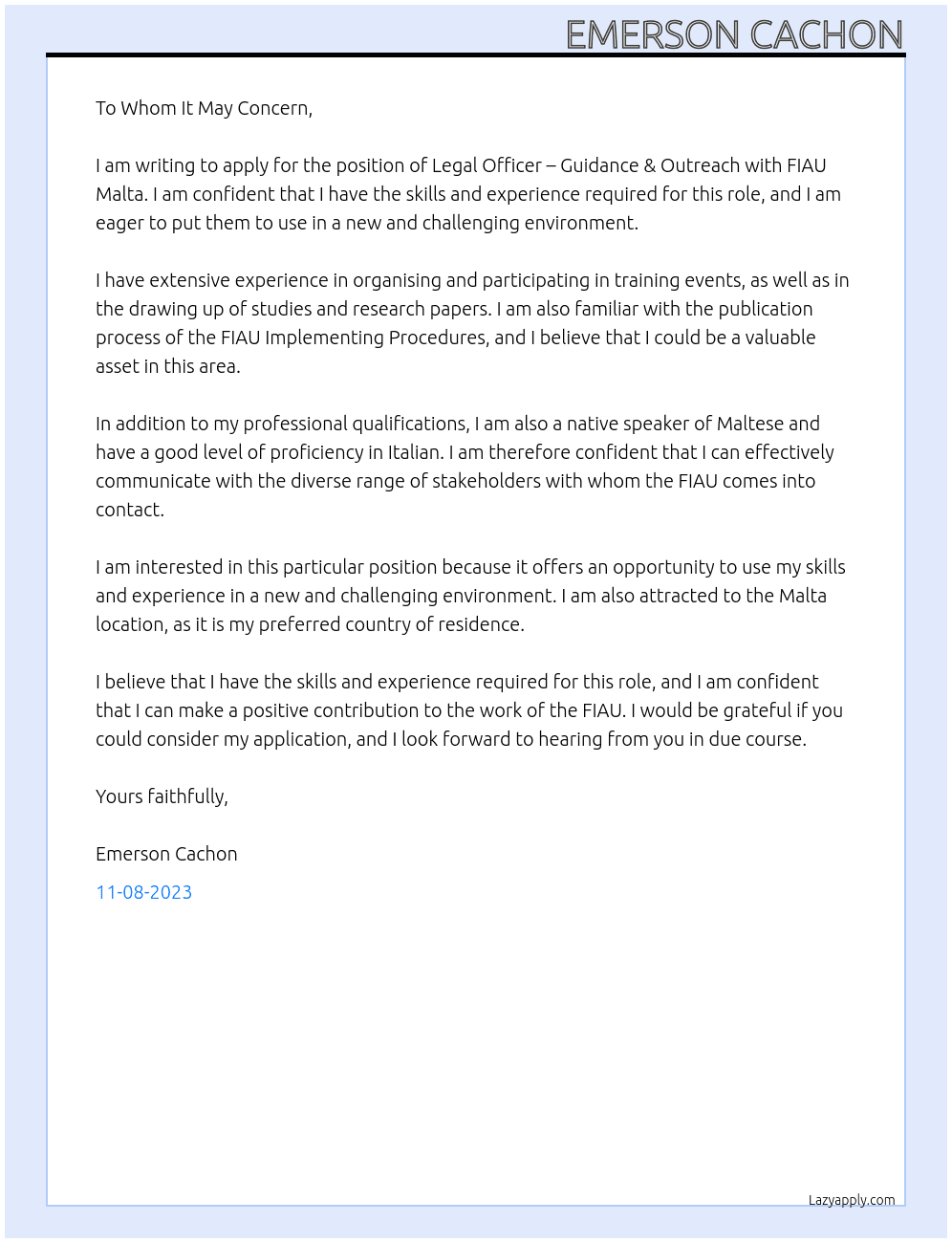 Legal Officer – Guidance & Outreach At FIAU Malta Cover Letter