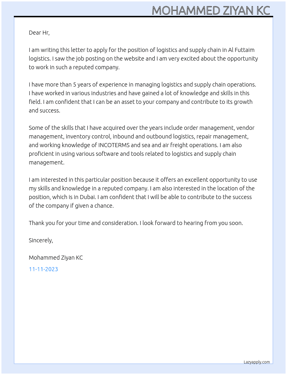 Logistics and supply chain At Al Futtaim logistics  Cover Letter