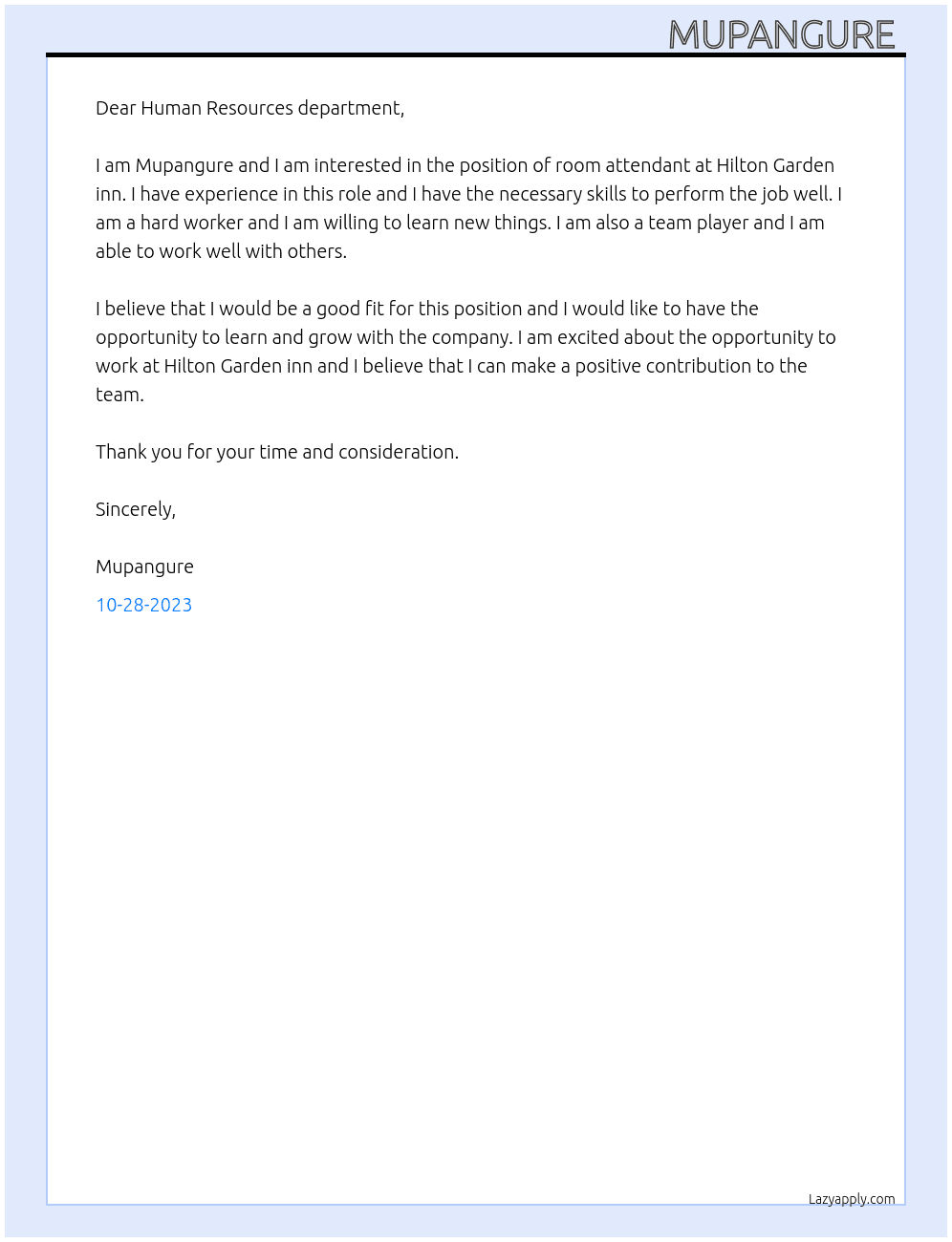 Room attendant  At Hilton Garden inn  Cover Letter