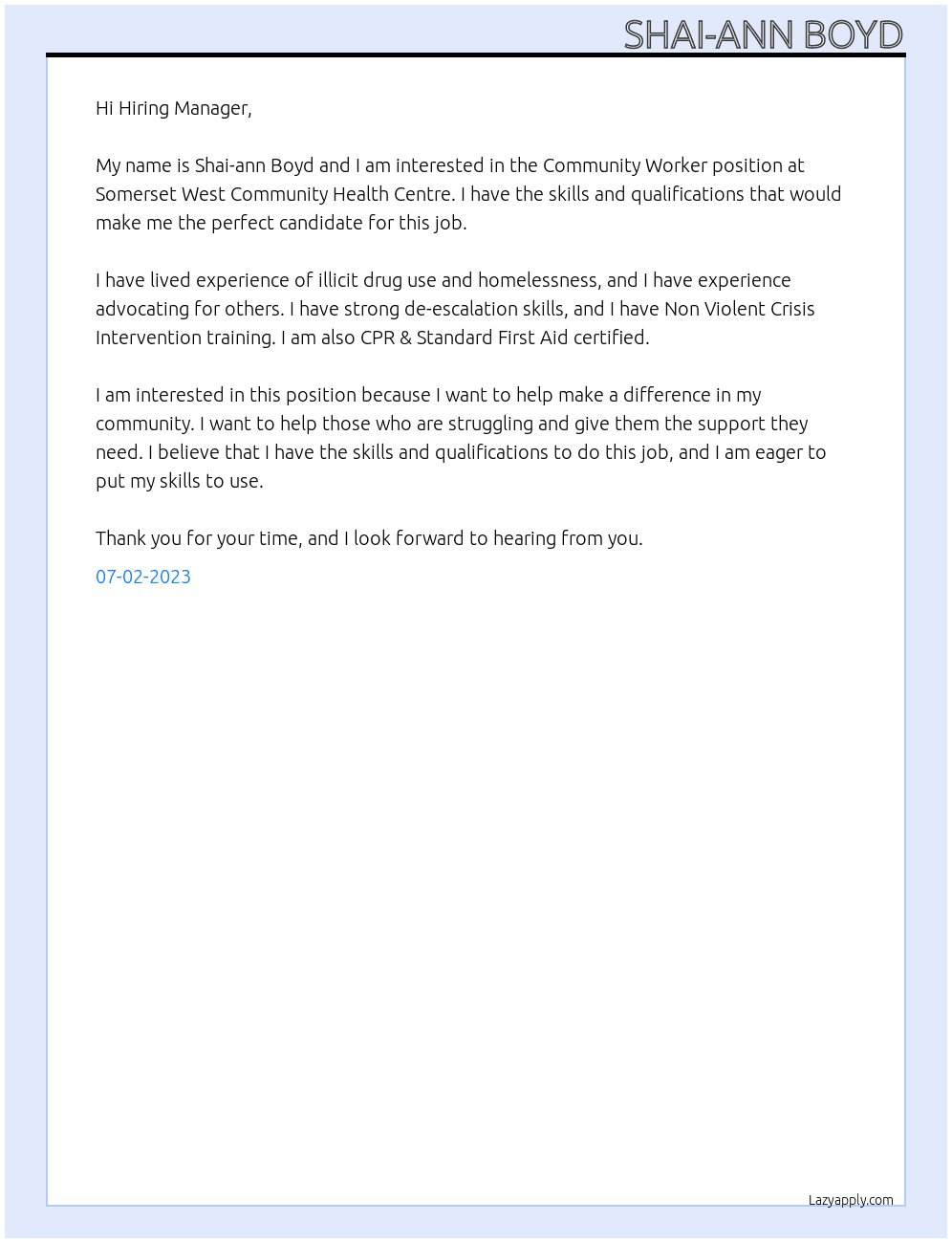 Community Worker At Somerset West Community Health Centre Cover Letter