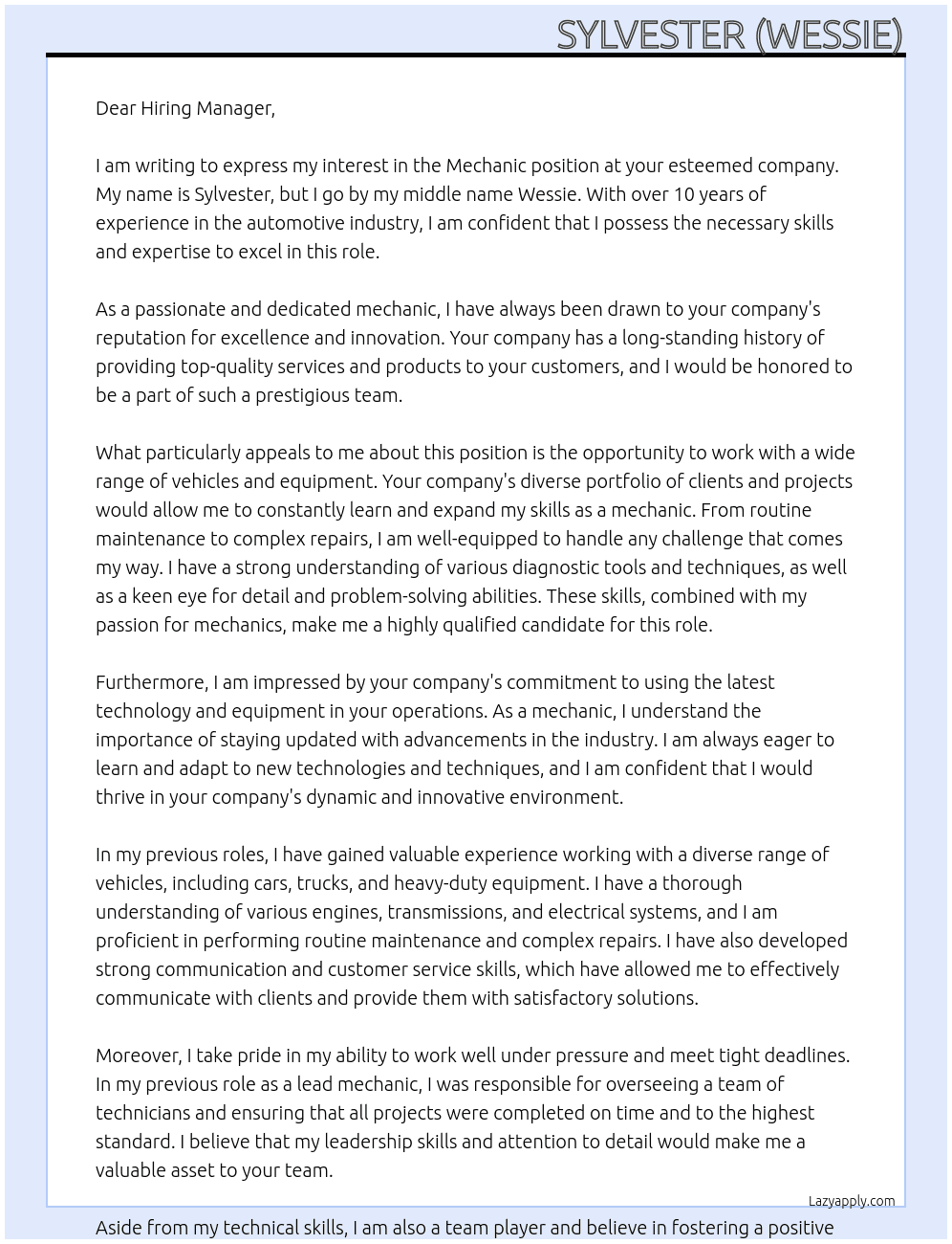 Mechanic  At general Cover Letter