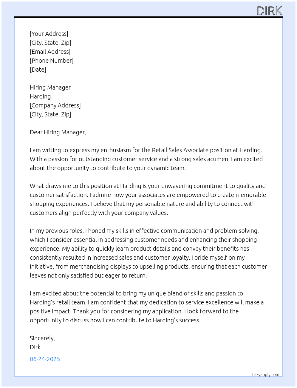 Retail sales associate  At Harding Cover Letter