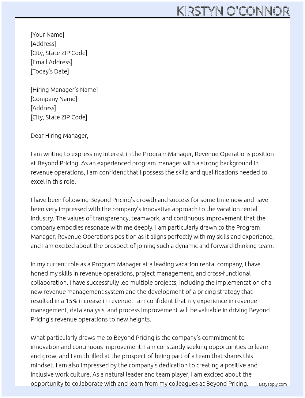 Program Manager, Revenue Operations At Beyond Pricing Cover Letter