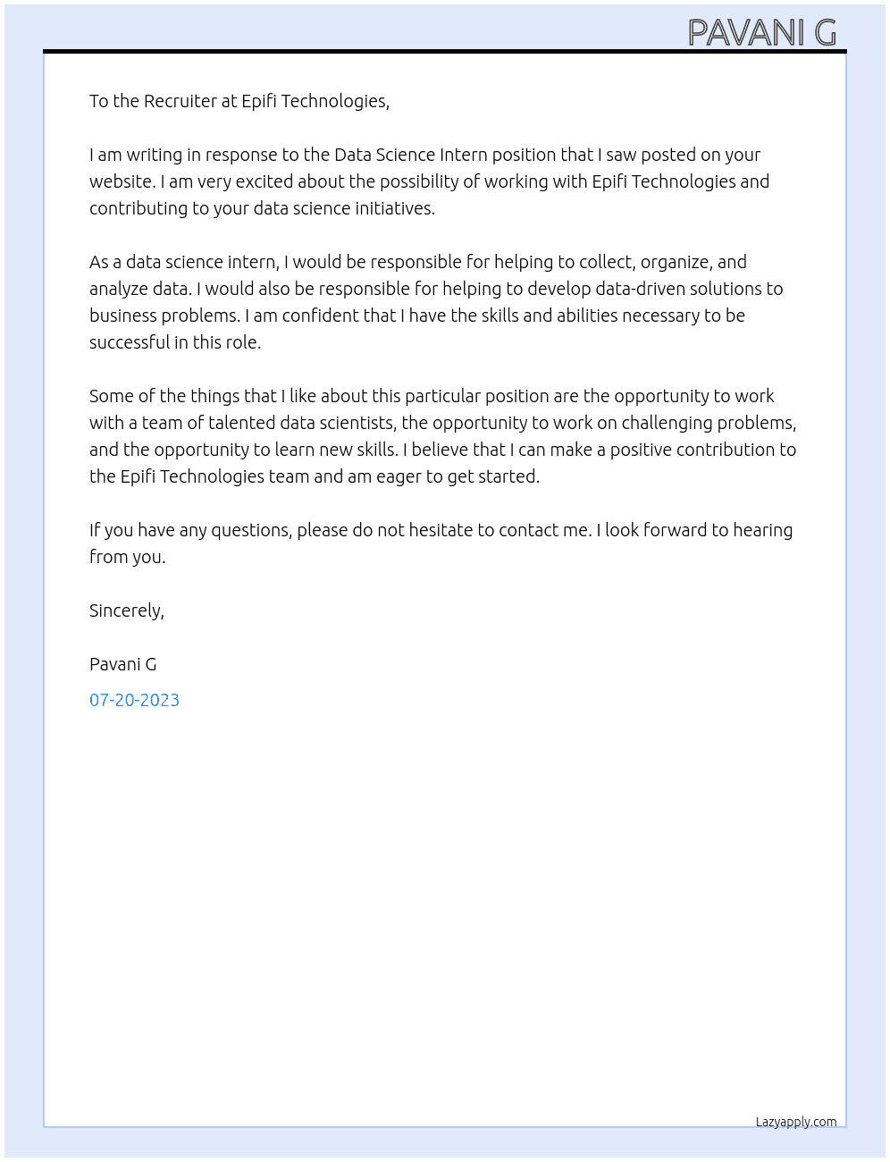 Data science intern At Epifi Technologies Cover Letter