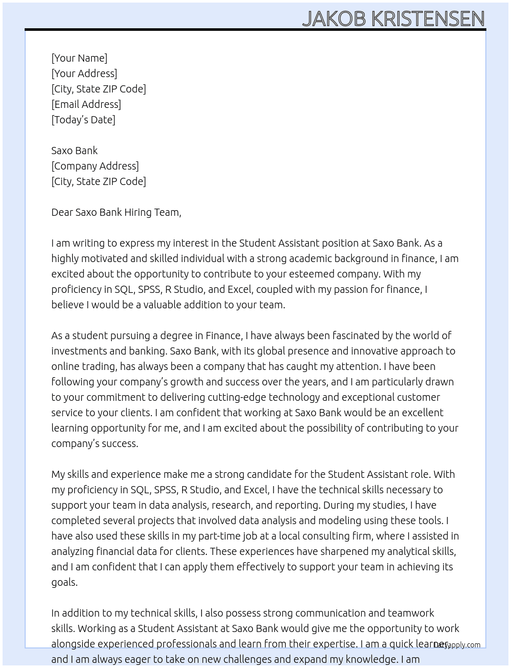 Student Assistant At Saxo Bank Cover Letter