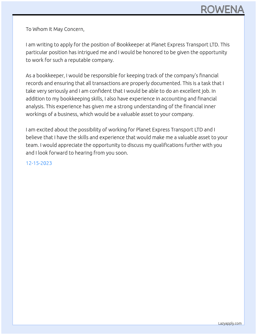 Book keeper At Planet Express Transport LTD Cover Letter