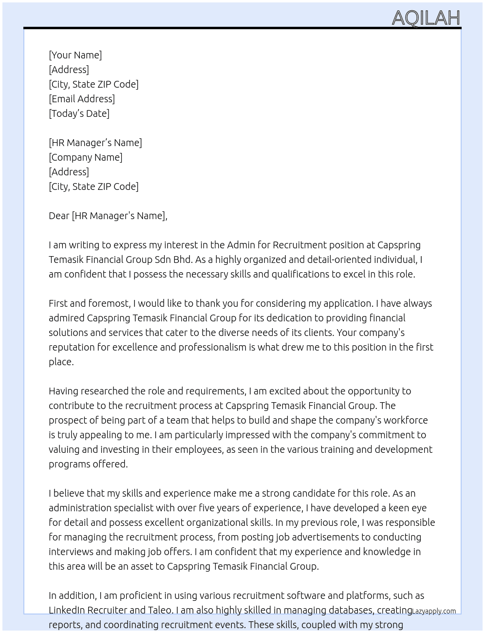 admin for recruitment At Capspring Temasik Financial Group Sdn Bhd Cover Letter