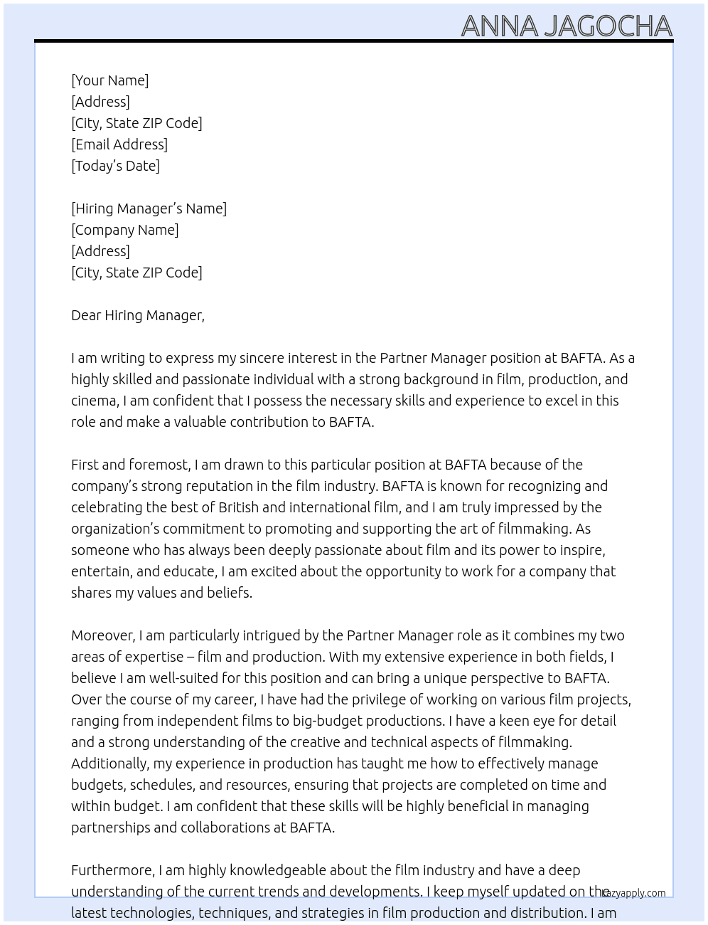 Partner Manager At BAFTA Cover Letter