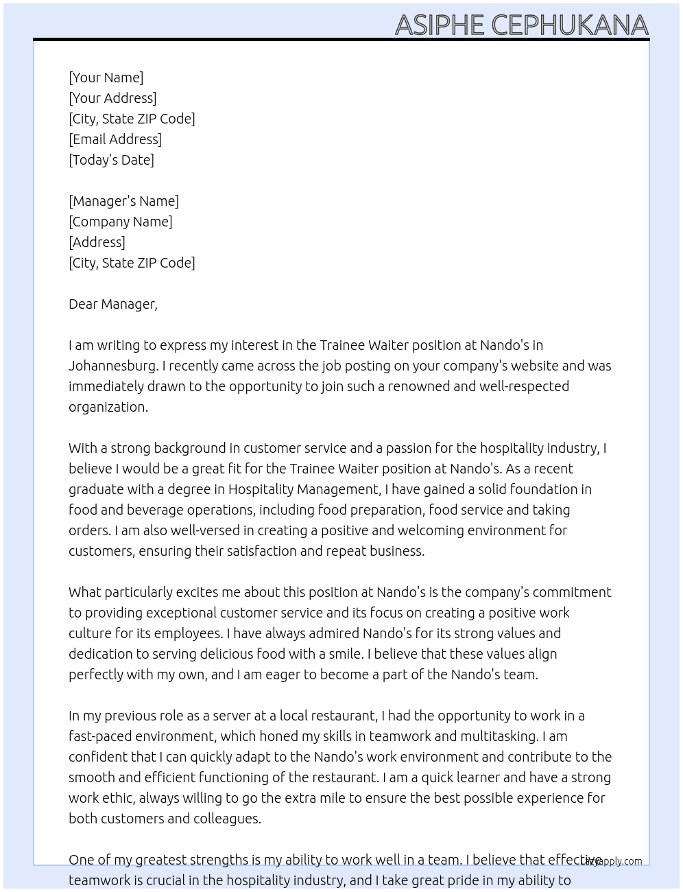 Trainee waiters  At Nando's  Cover Letter
