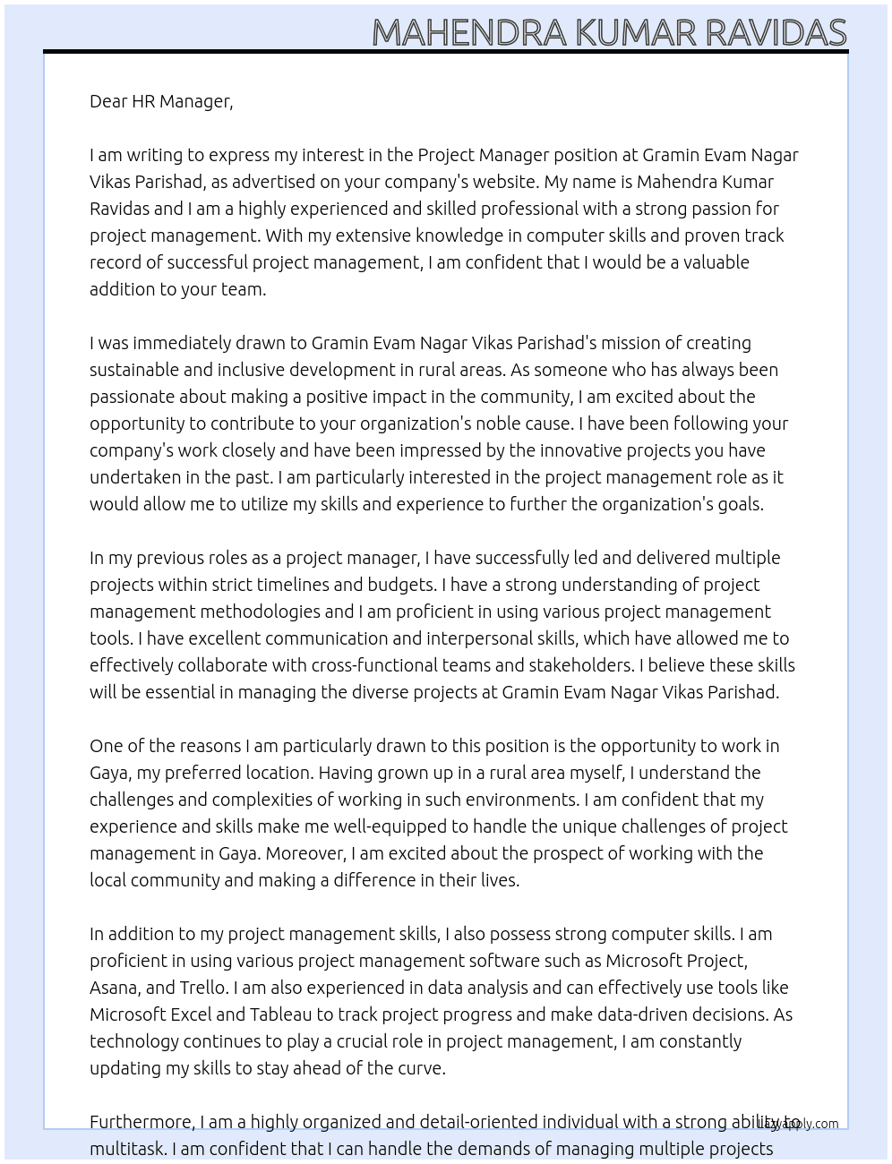 Project Manager  At Gramin Evam Nagar Vikas Parishad Cover Letter