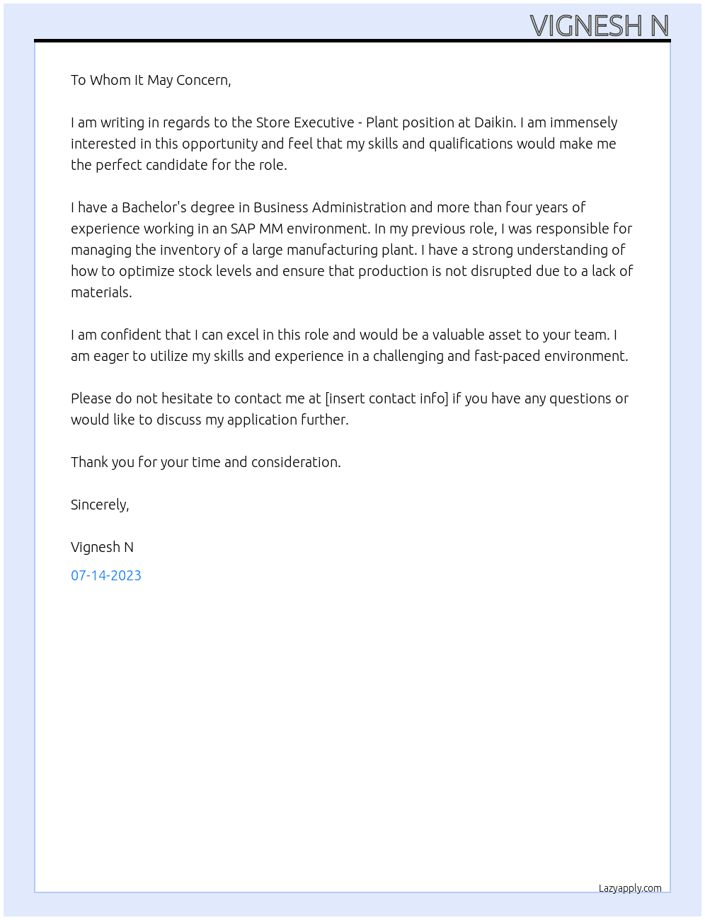 Store Executive - Plant At Daikin Cover Letter