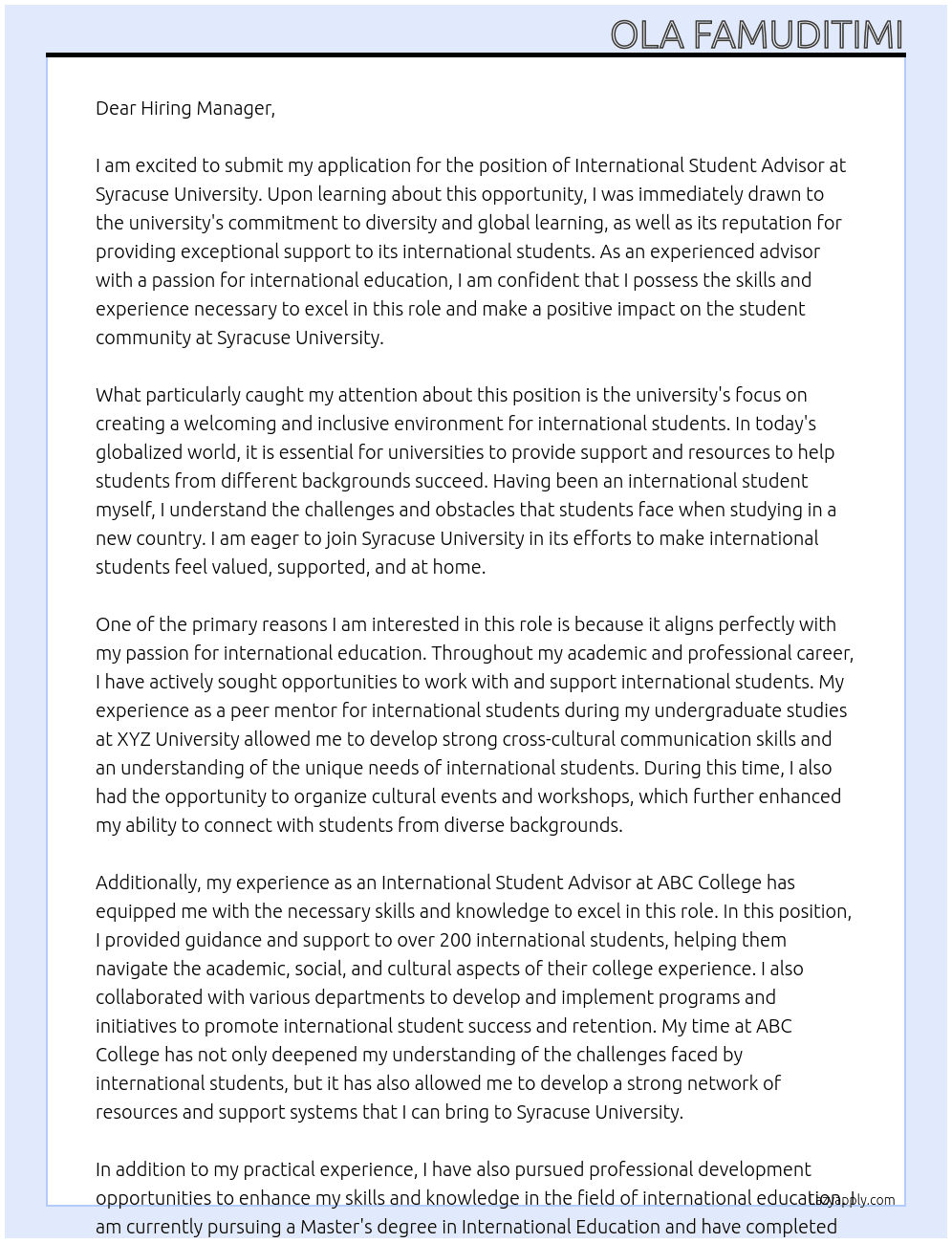 International Student Advisor At Syracuse University Cover Letter