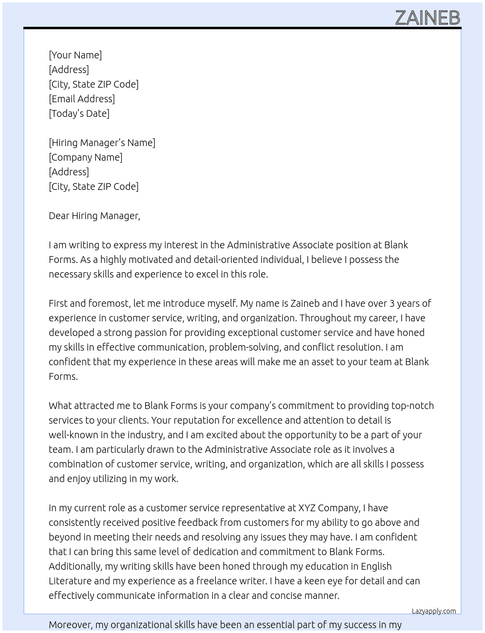 administative associate At blank forms Cover Letter