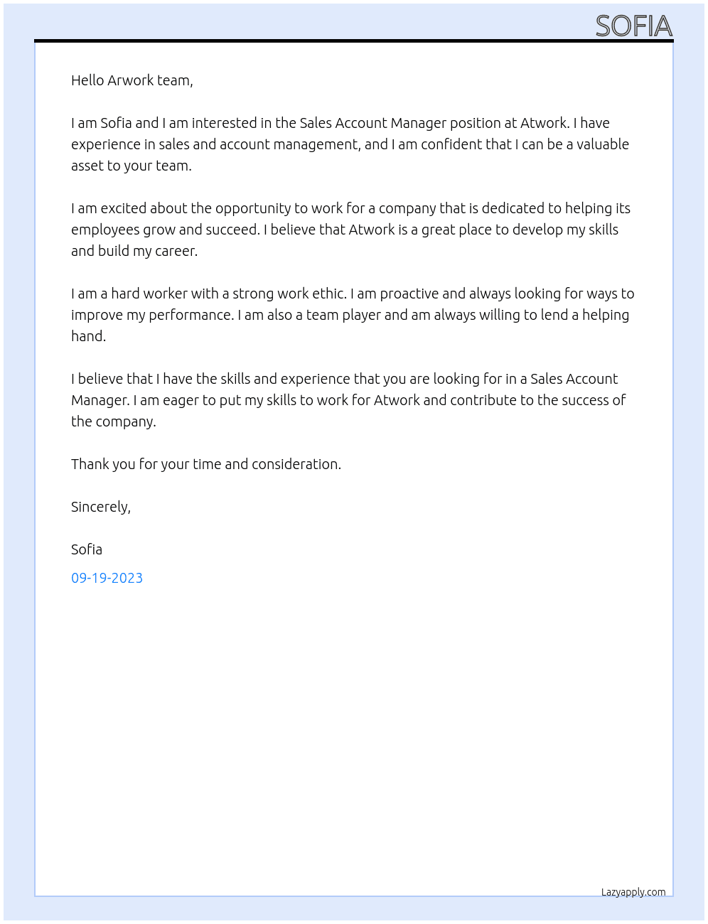 Sales Account Manager At Atwork Cover Letter