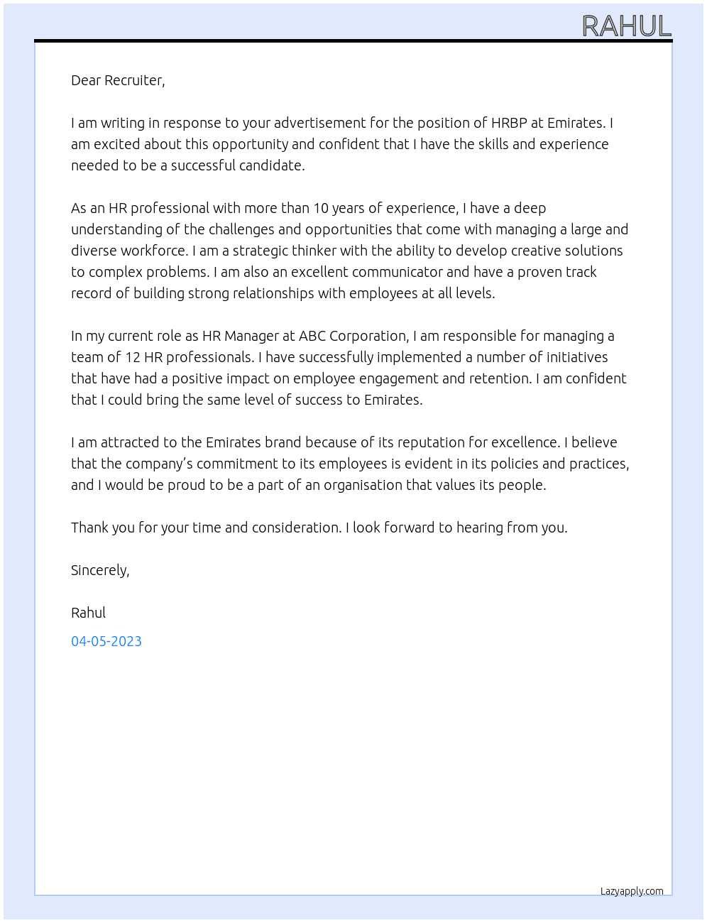 HRBP At EMIRATES Cover Letter