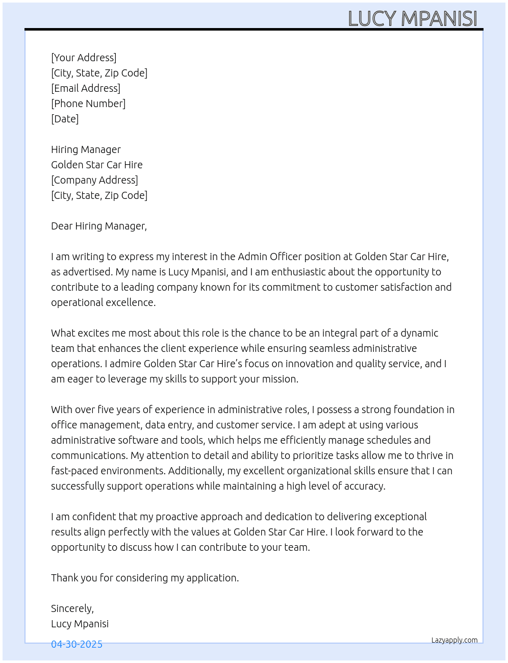 Admin officer  At Golden star car hire  Cover Letter