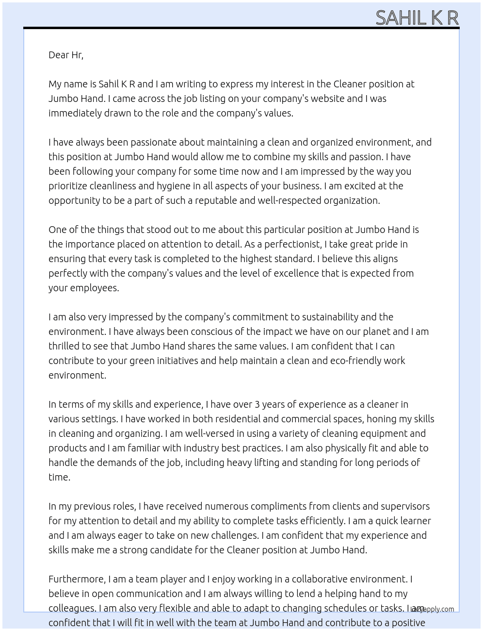 Cleaner At Jumbo hand Cover Letter
