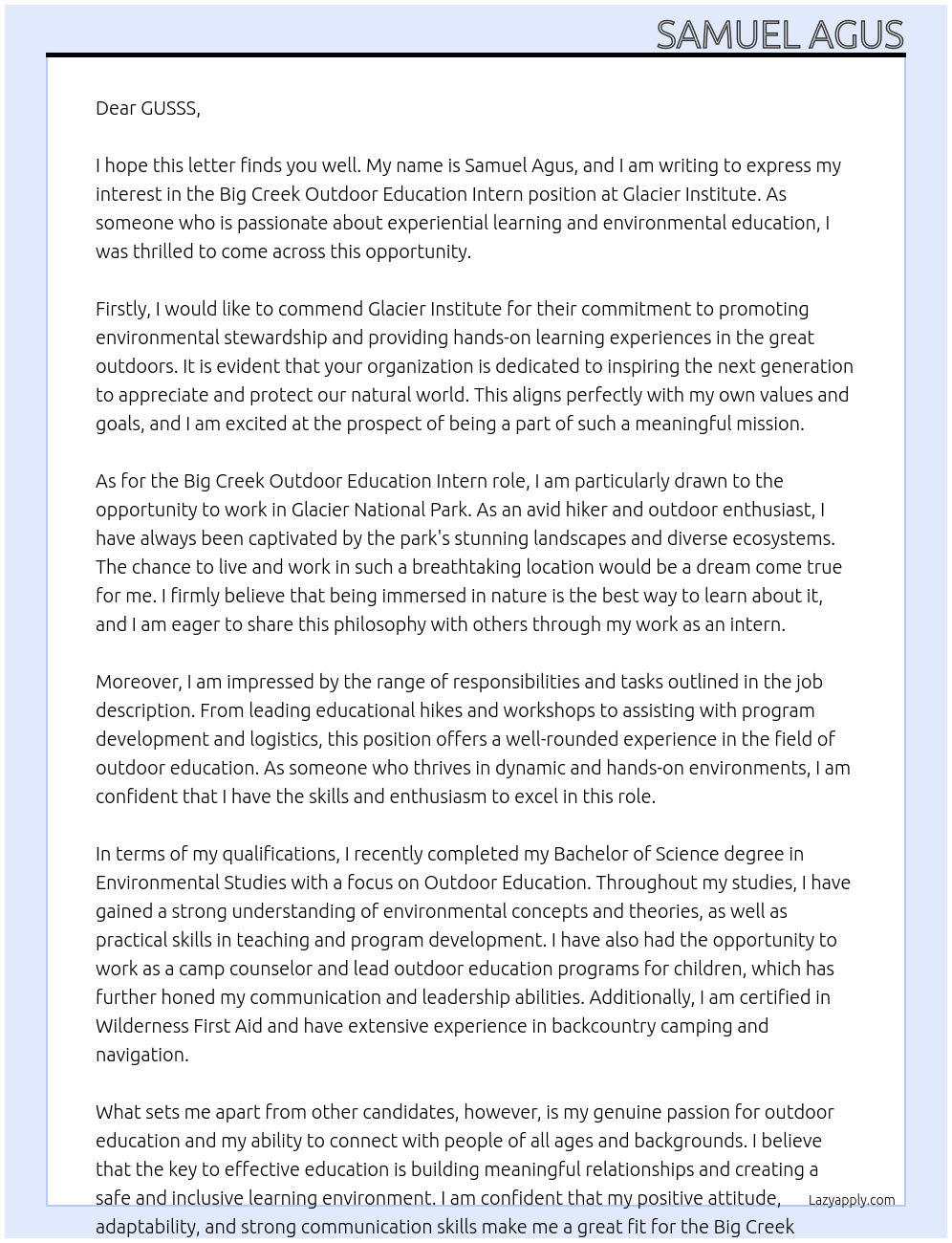 Big Creek Outdoor Education Intern At Glacier Institute Cover Letter