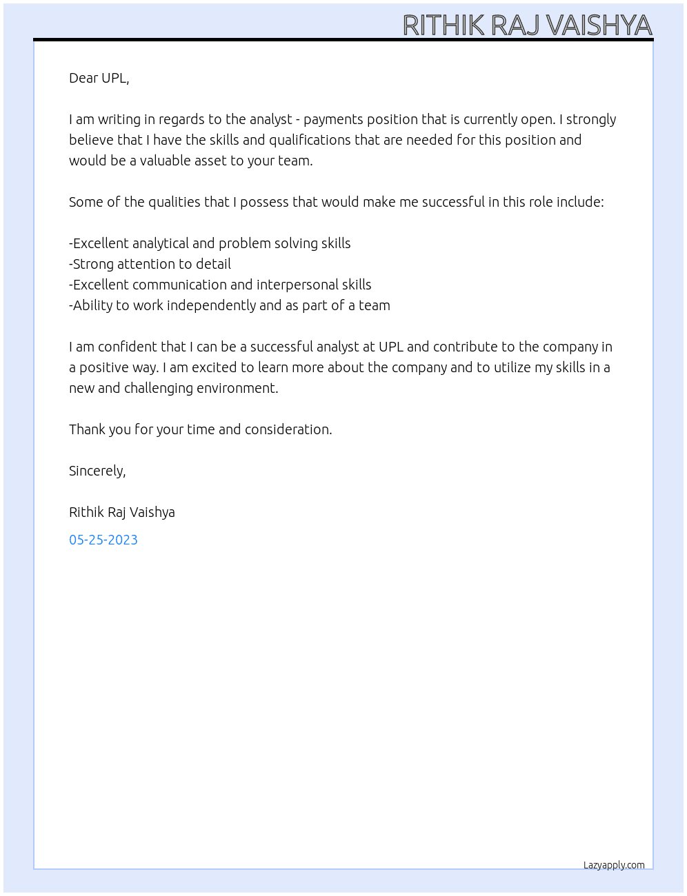 Analyst - Payments At UPL Cover Letter