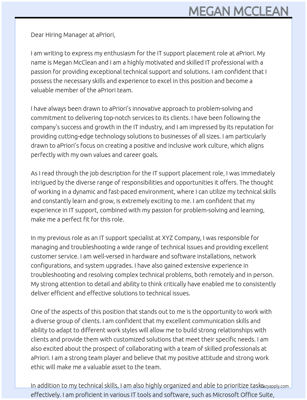 IT support placement role At aPriori Cover Letter
