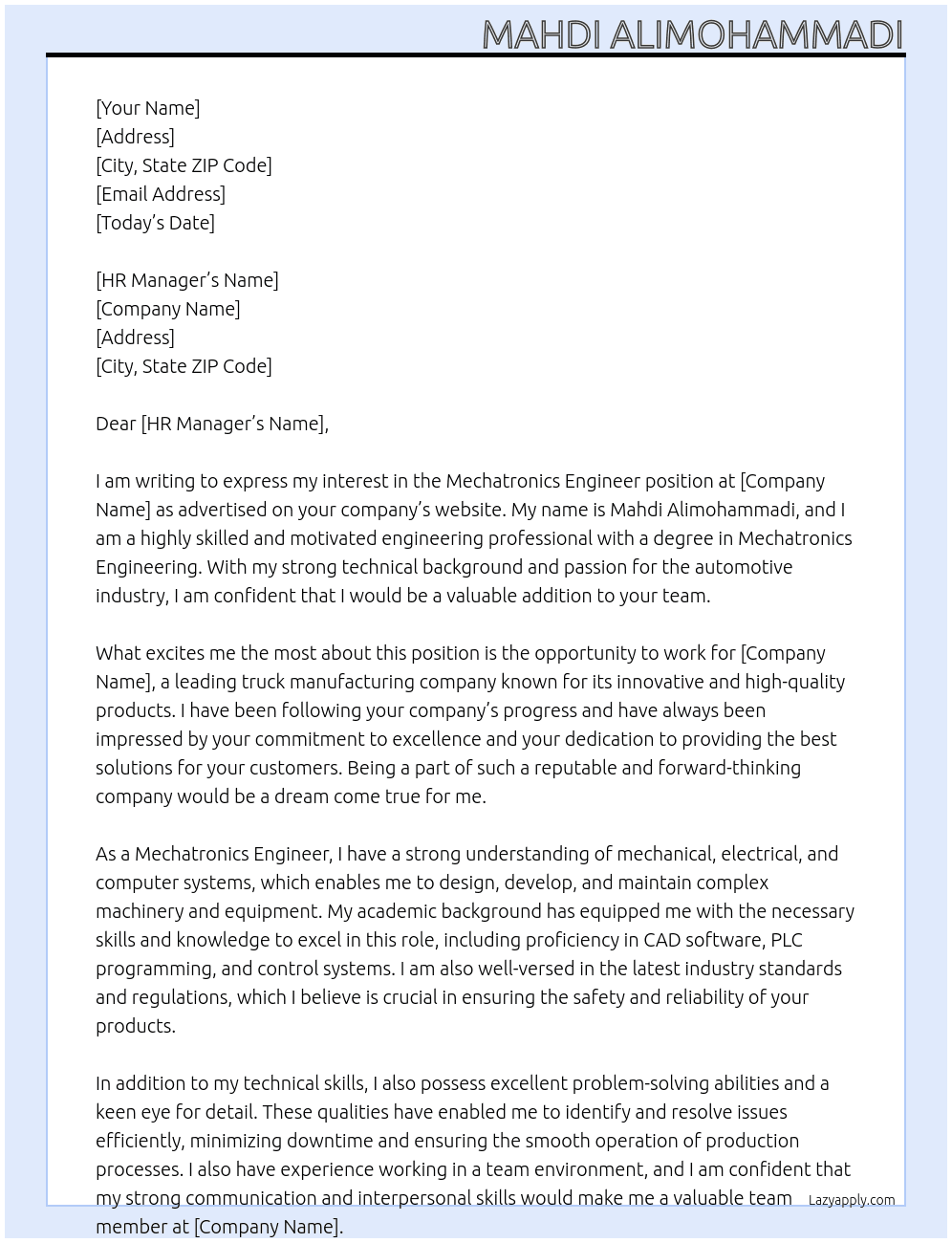 mechatronics engineer At truck Cover Letter