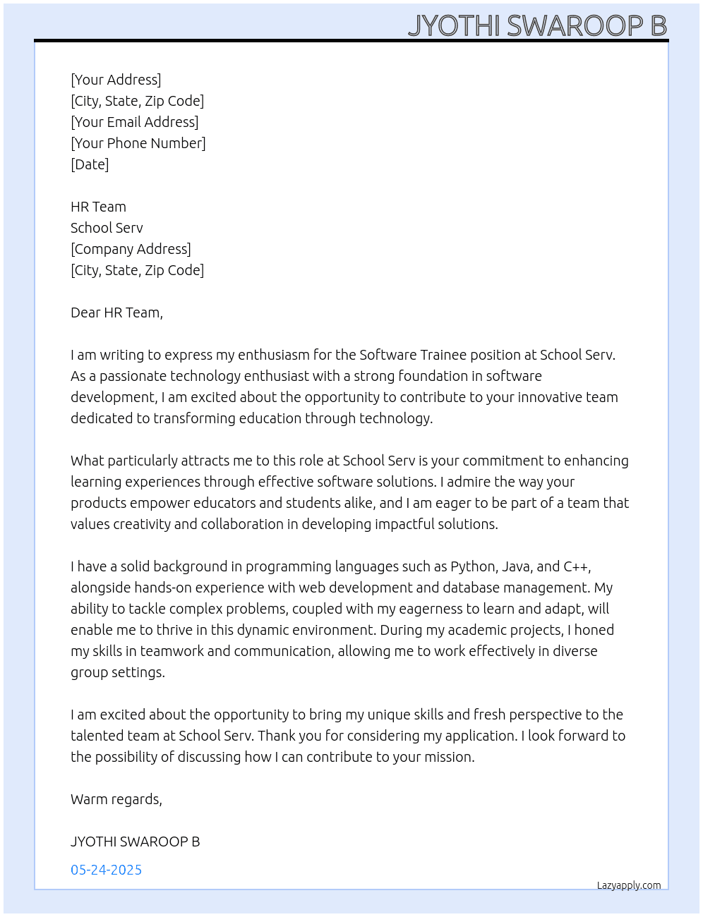 Software Trainee At School Serv  Cover Letter