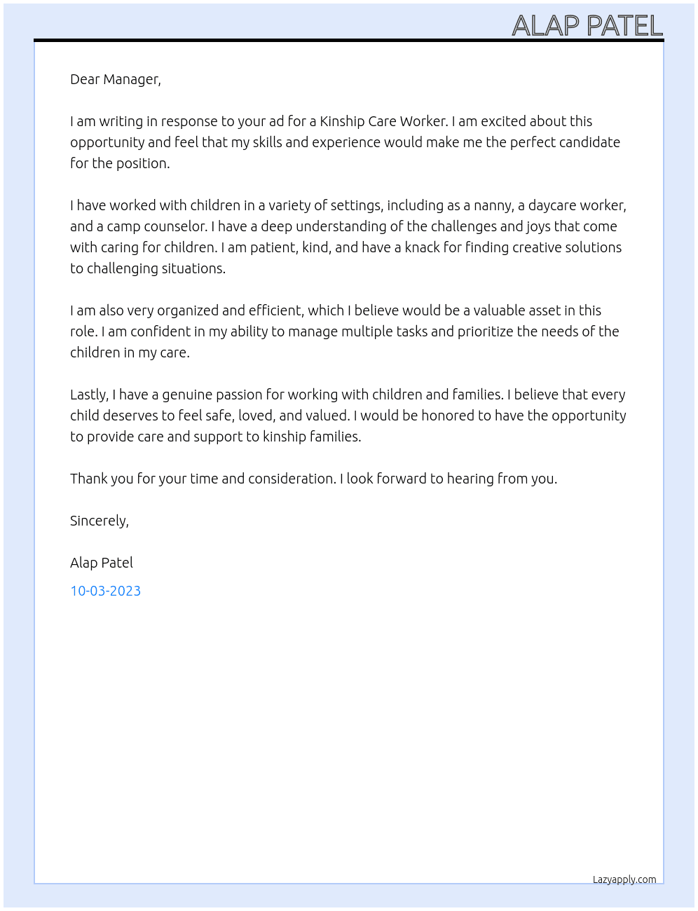 kinship care  worker  At Department of child protection  Cover Letter