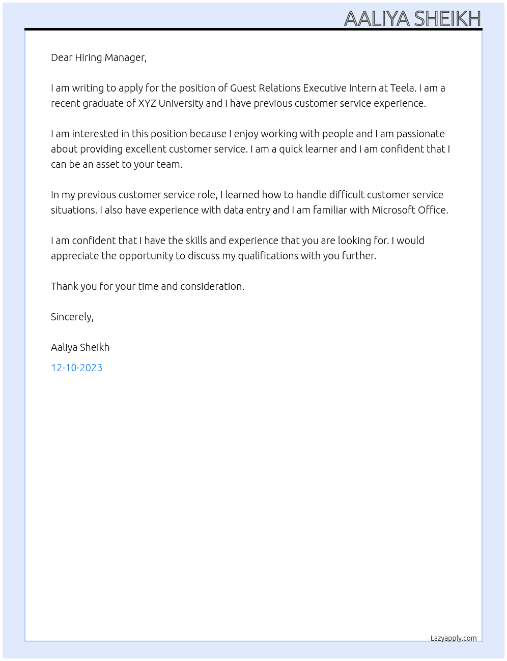 Guest Relations Executive Intern  At Teela Cover Letter