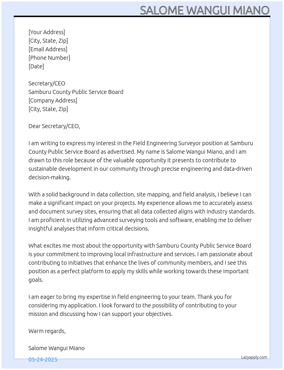Field Engineering Surveyor At Samburu County Public Service Board Cover Letter