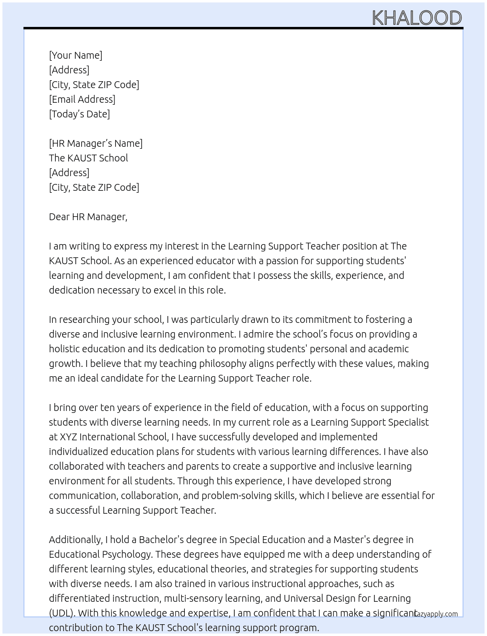 learning support teacher At The KAUST school Cover Letter