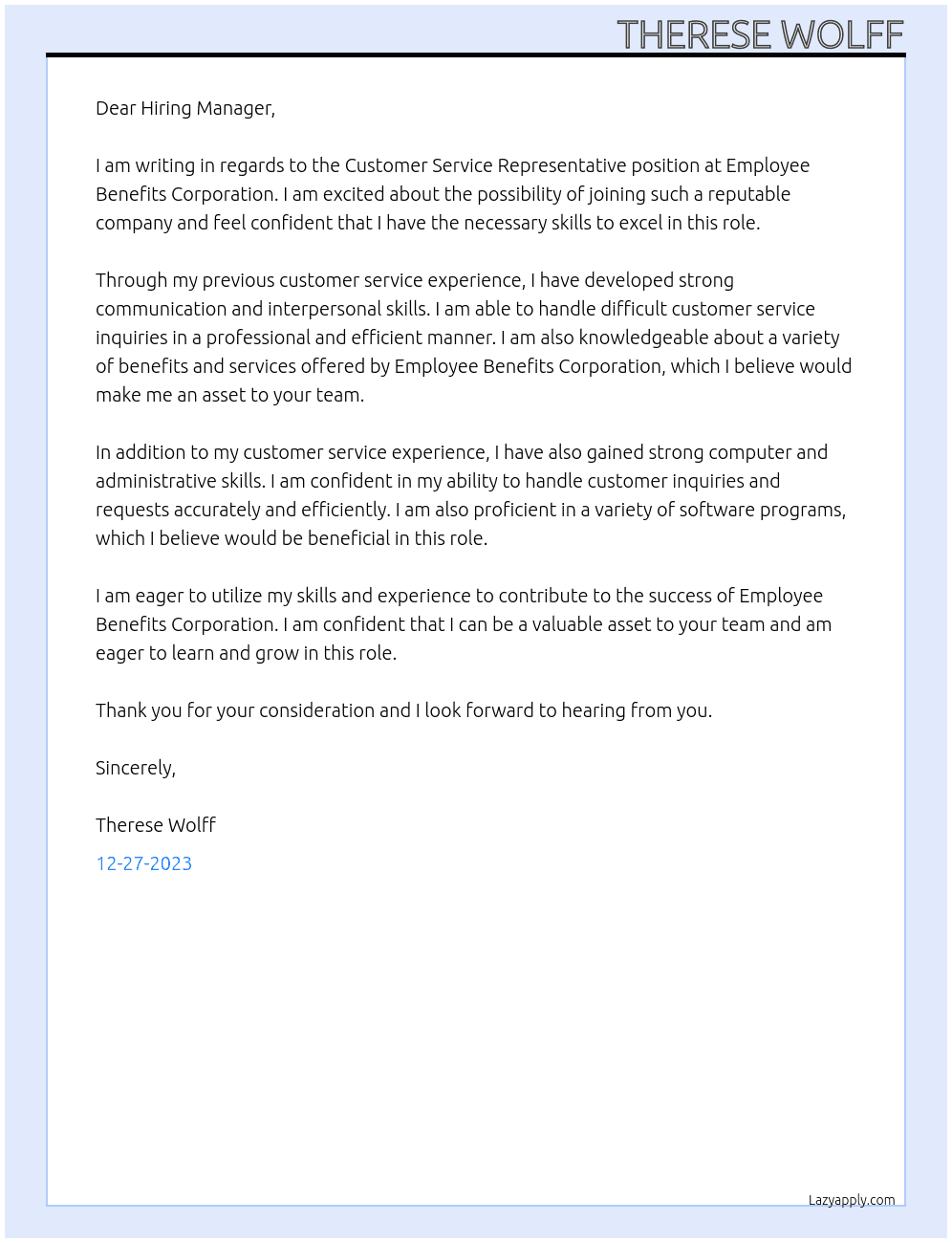 Customer Service Representative At Employee Benefits Corporation Cover Letter