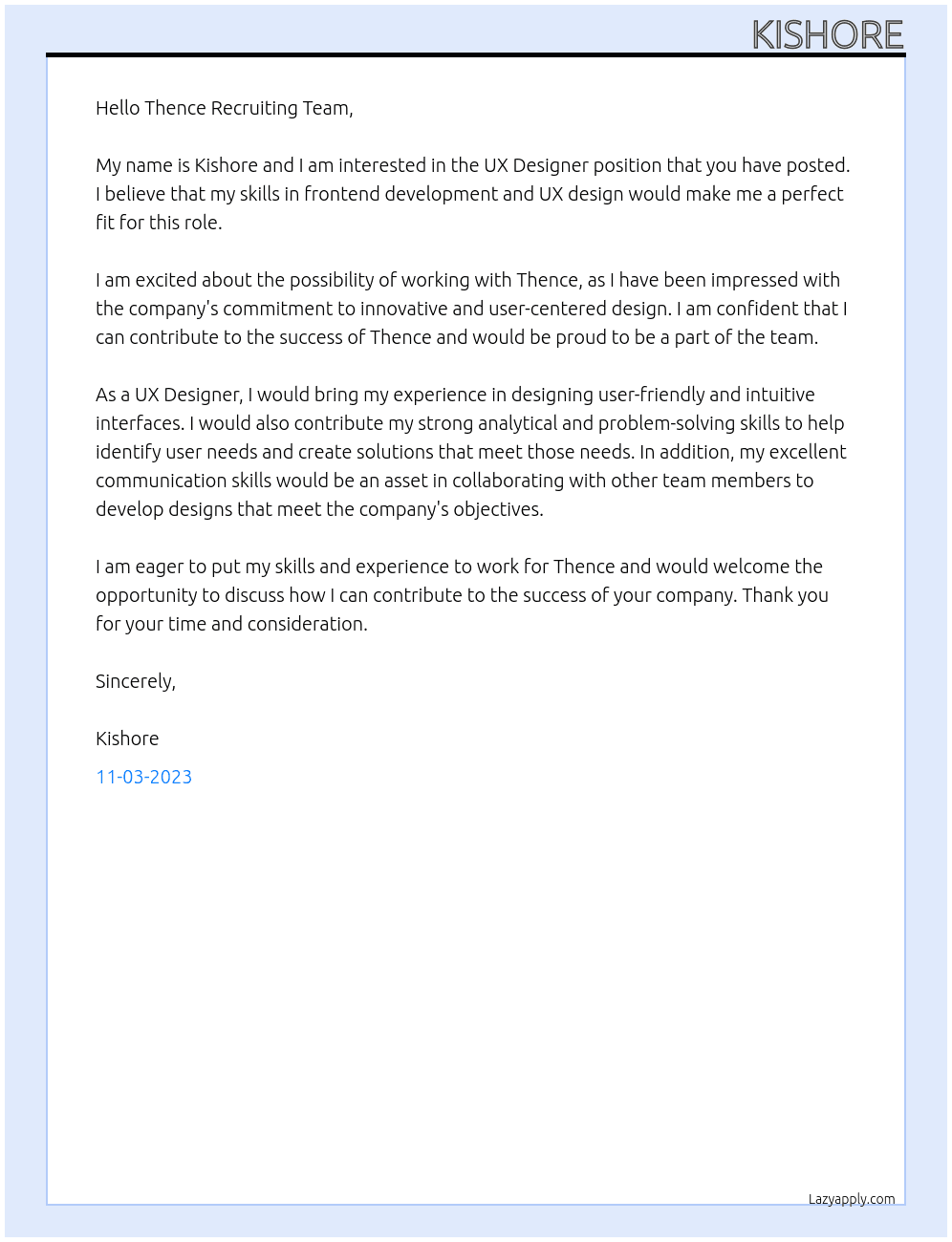 UX Designer At Thence Cover Letter