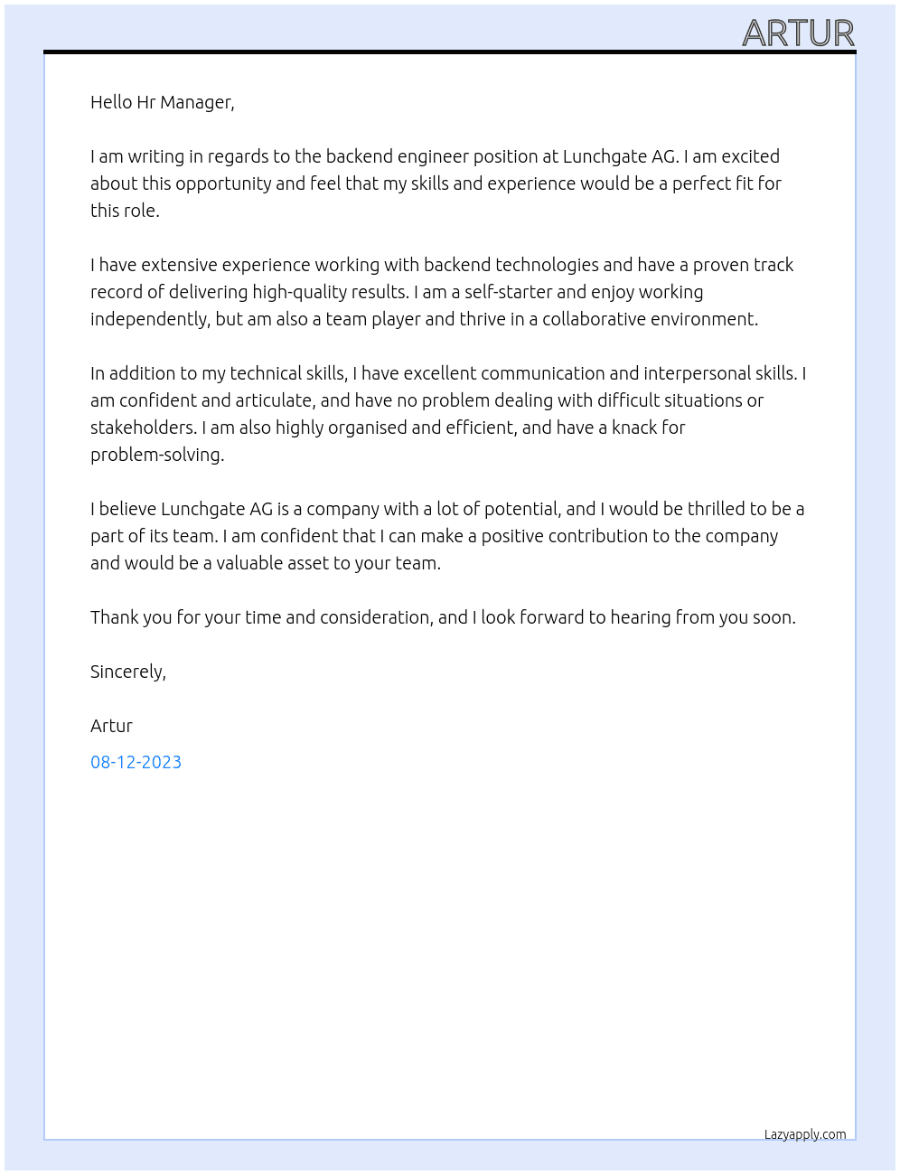 Backend Engineer At Lunchgate AG Cover Letter