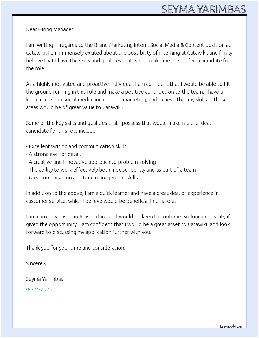 Brand Marketing Intern, Social Media & Content At Catawiki Cover Letter