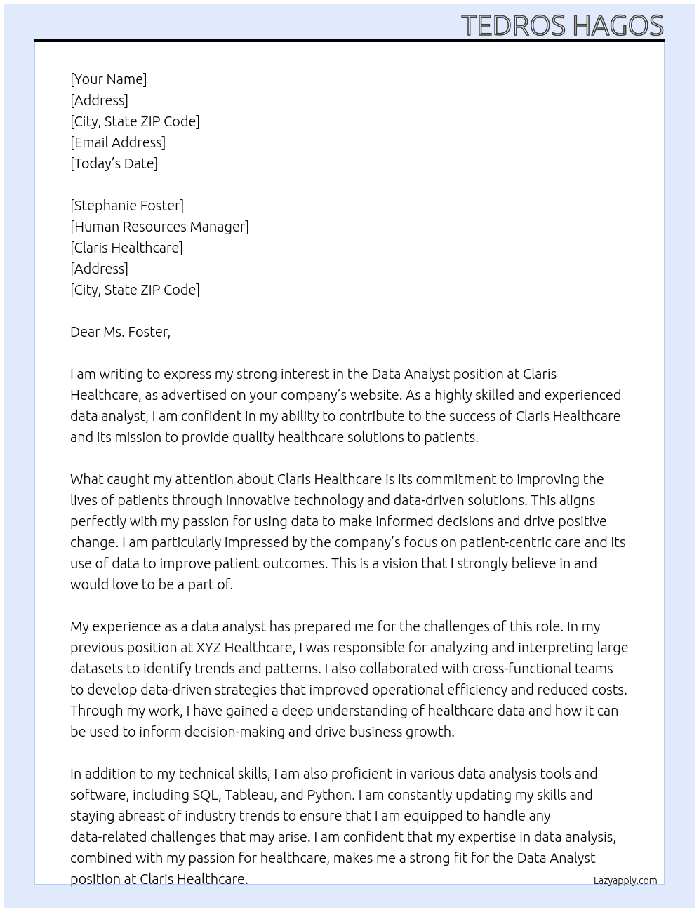 Data Analyst At Claris Healthcare Cover Letter