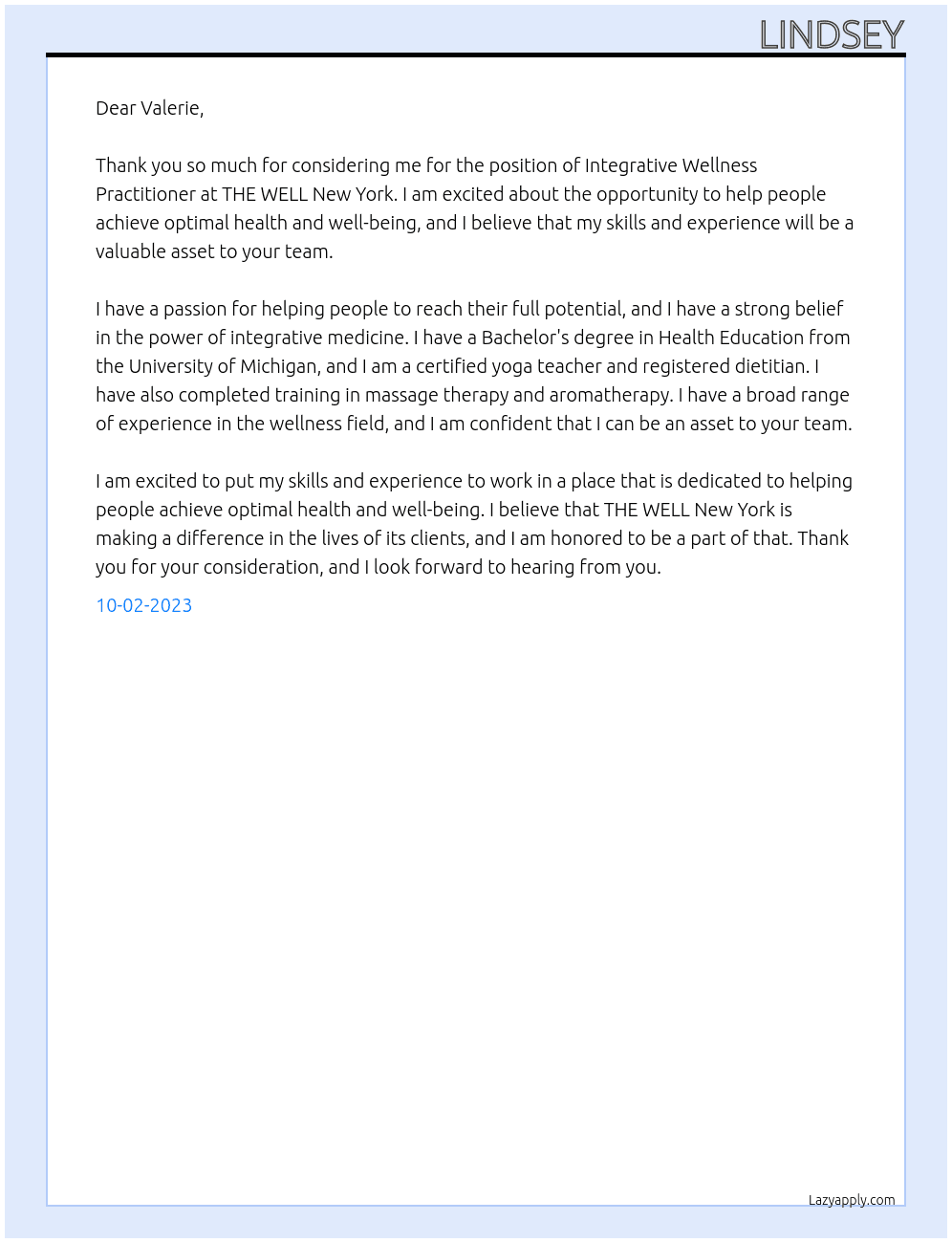 Integrative Wellness Practitioner  At THE WELL New York Cover Letter