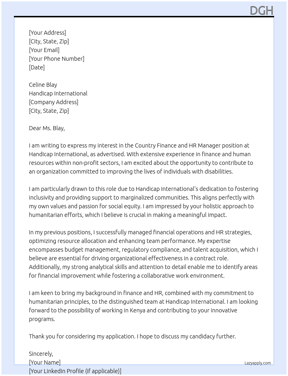 Country Finance and HR Manager At Handicap International Cover Letter