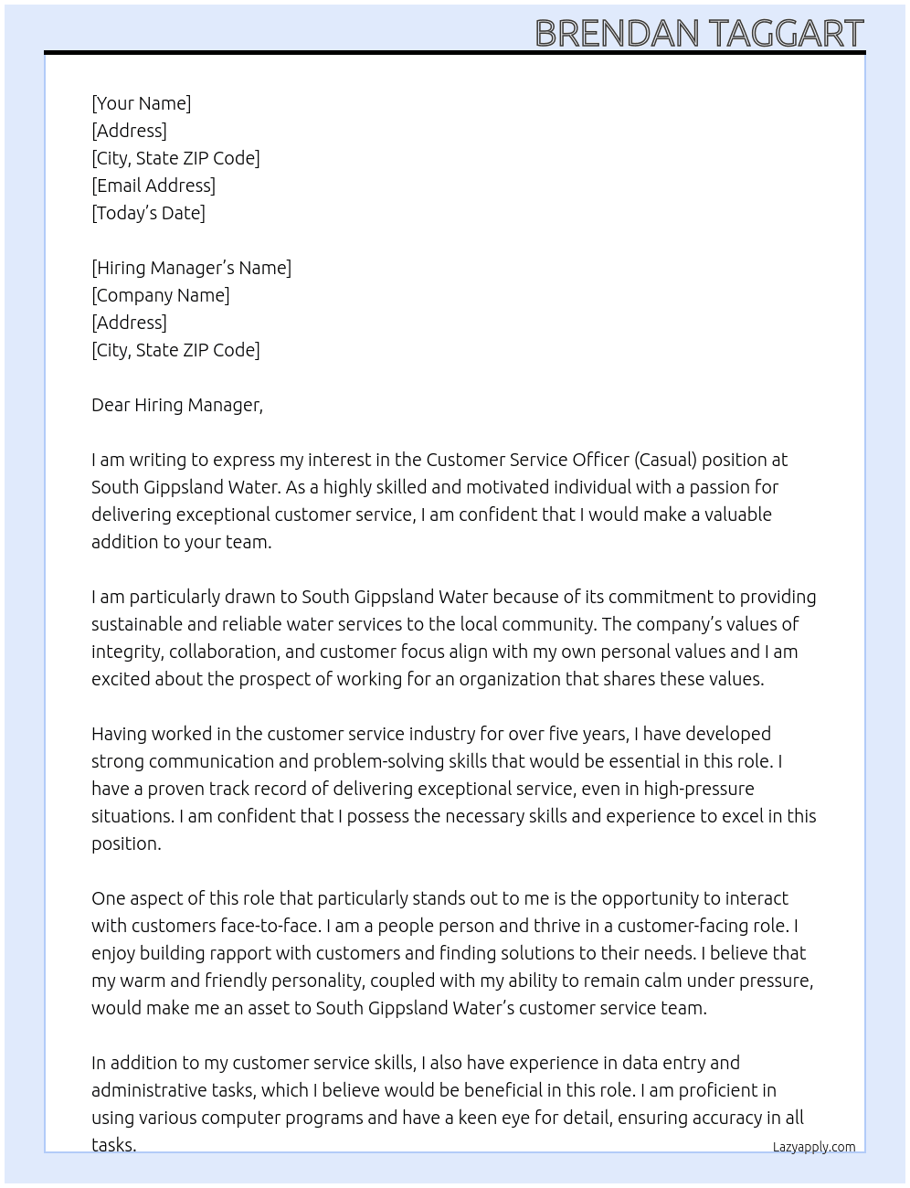 Customer Service Officer (Casual) At South Gippsland Water Cover Letter