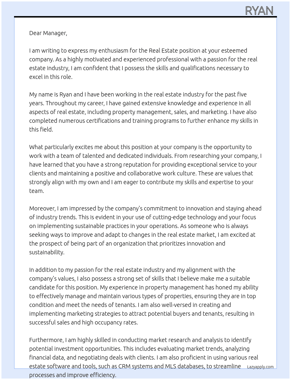 Real Estate  At any Cover Letter