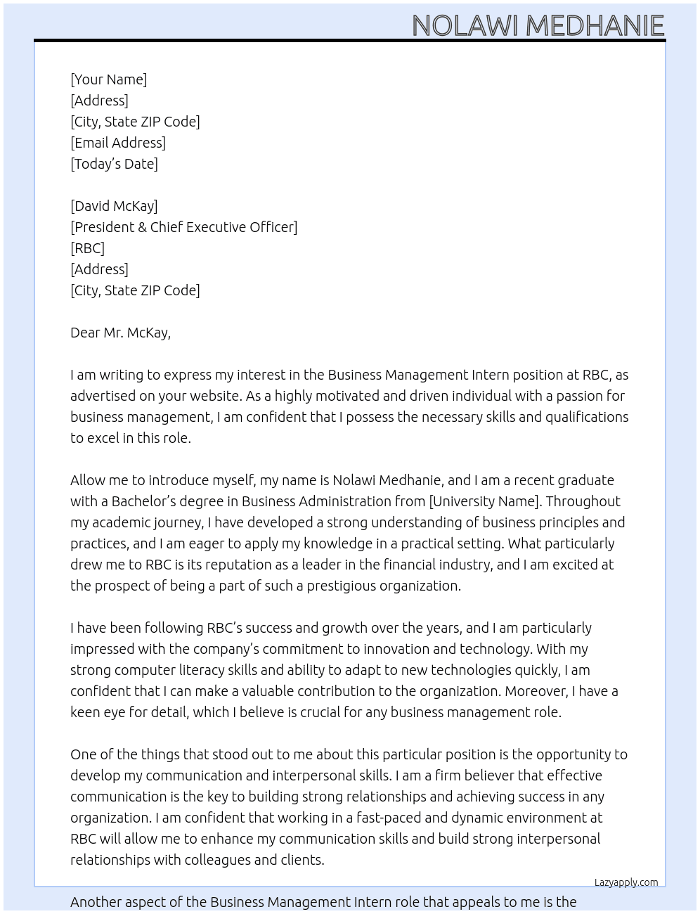  Business Management Intern At RBC Cover Letter